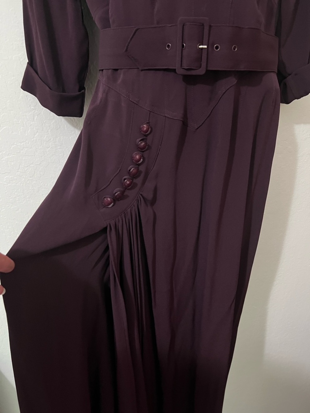 Karen Alexander Vintage-Inspired Deep Plum Belted V-Neck Women’s Dress NWOT